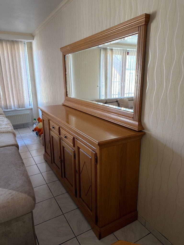 Dressoir buffet avec miroir – finition chêne, Maison & Meubles, Avec tiroir(s), Enlèvement, Utilisé, 200 cm ou plus