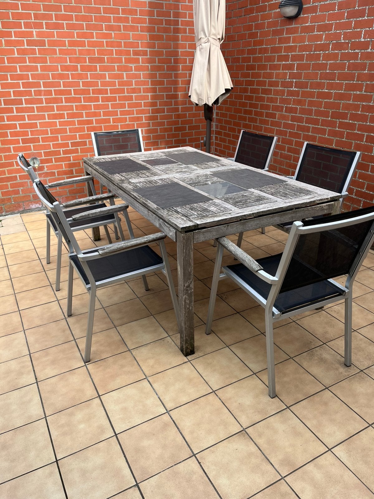 Tuintafel teak plus 6 passende stoelen, Ophalen, Zo goed als nieuw