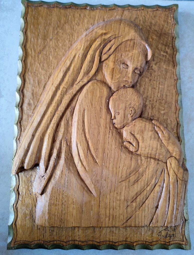Bas-relief en bois: Vierge à l'Enfant. Signé Paulyn, Antiquités & Art, Bois, Enlèvement ou Envoi, Brun, Fait main