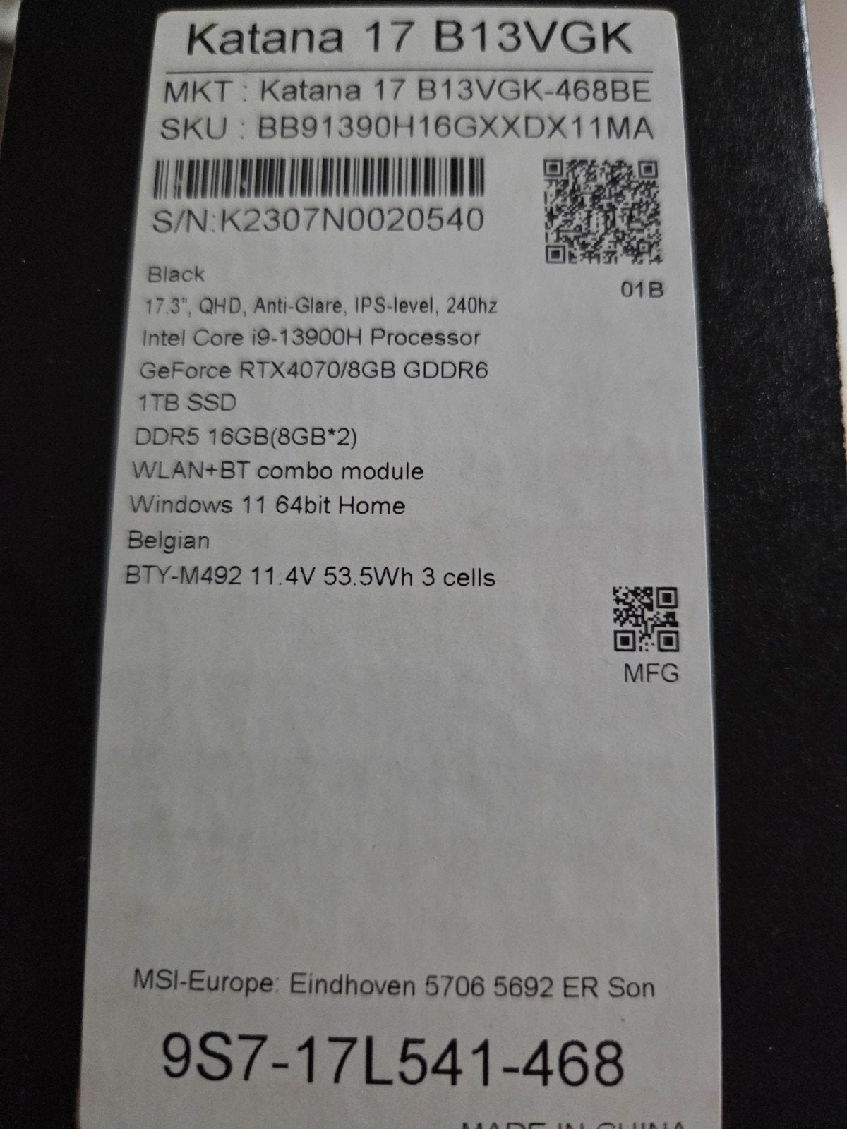 MSI Katana 17, MSI, Intel Core i9-13980H, 17 pouces ou plus, Enlèvement