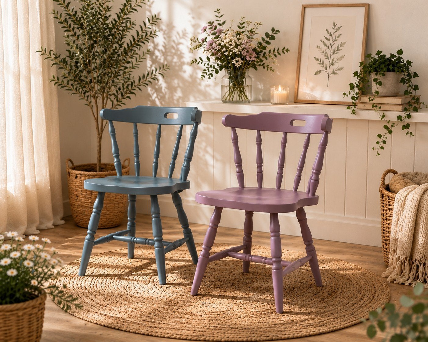 2 stoelen in het blauw en paars, Maison & Meubles, Chaises, Enlèvement, Bleu, Bois