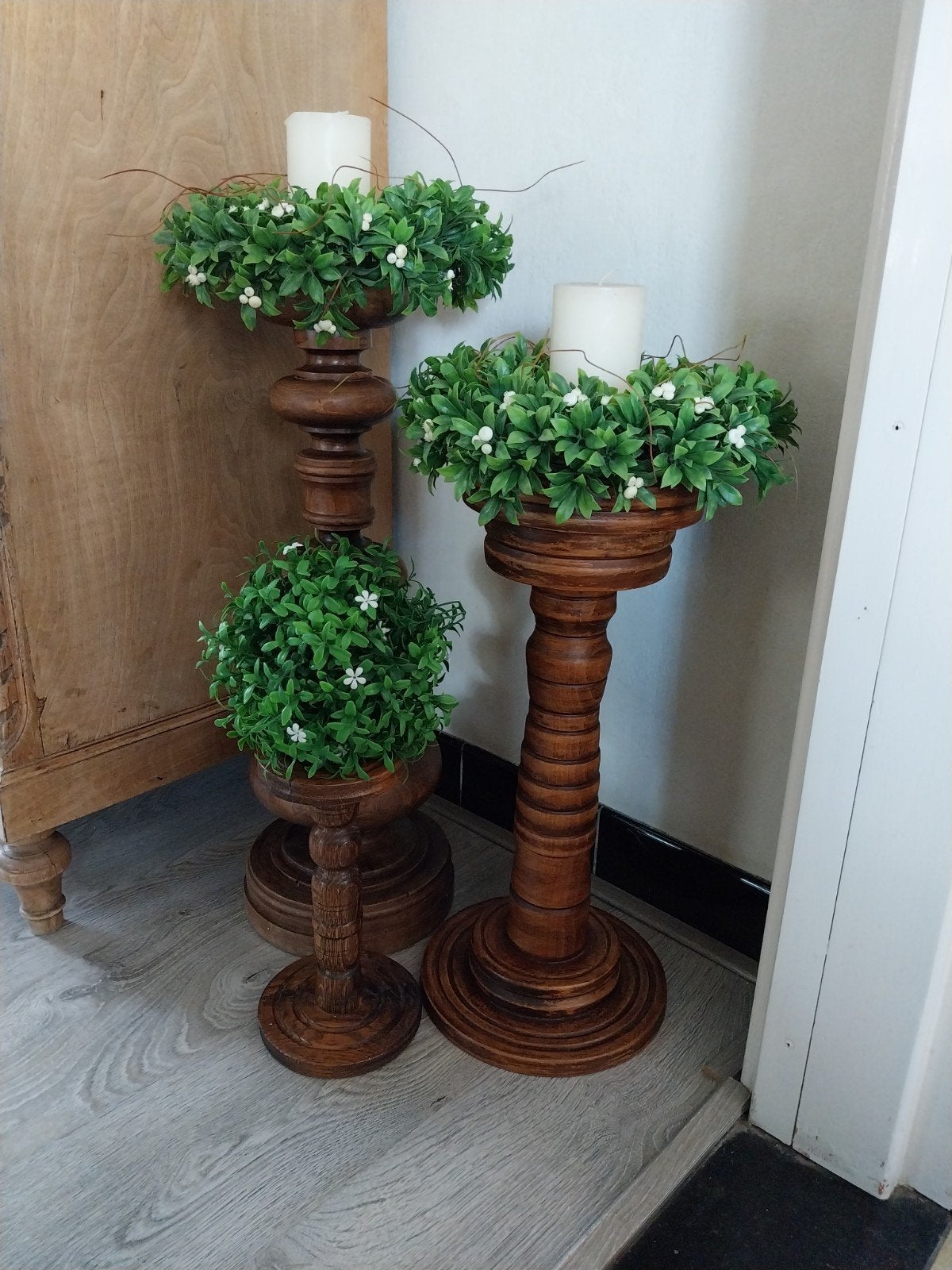 3 houten kandelaars, Ophalen, Gebruikt, Hout, Kandelaar