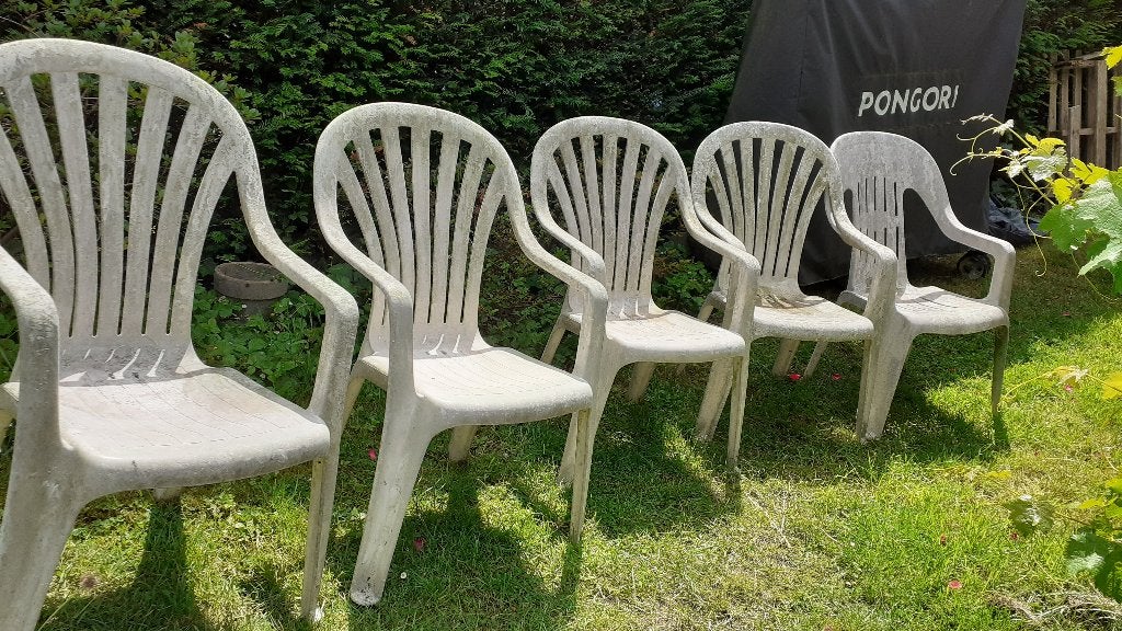 5 chaises de jardin à donner, Jardin & Terrasse, Chaises de jardin, Enlèvement, Utilisé, Plastique, Empilable