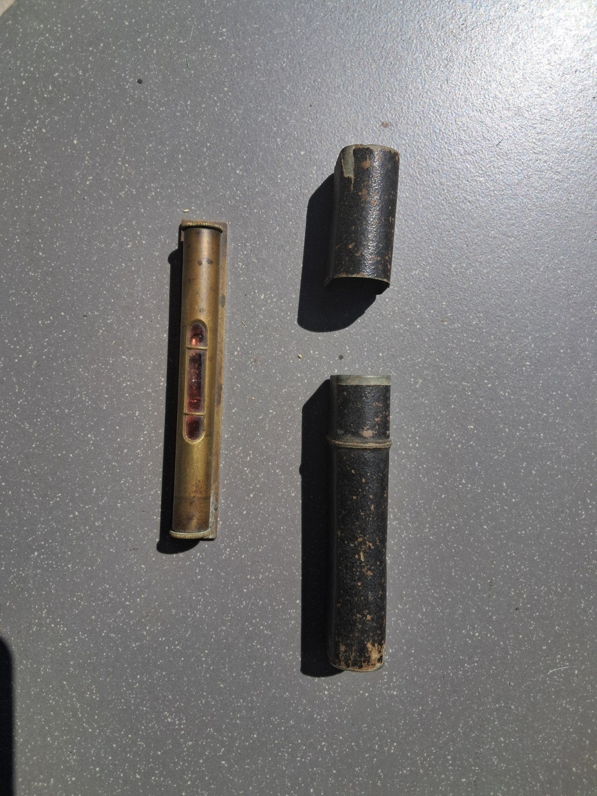 antieke messing zakwaterpas met opbergkoker, Ophalen, Koper
