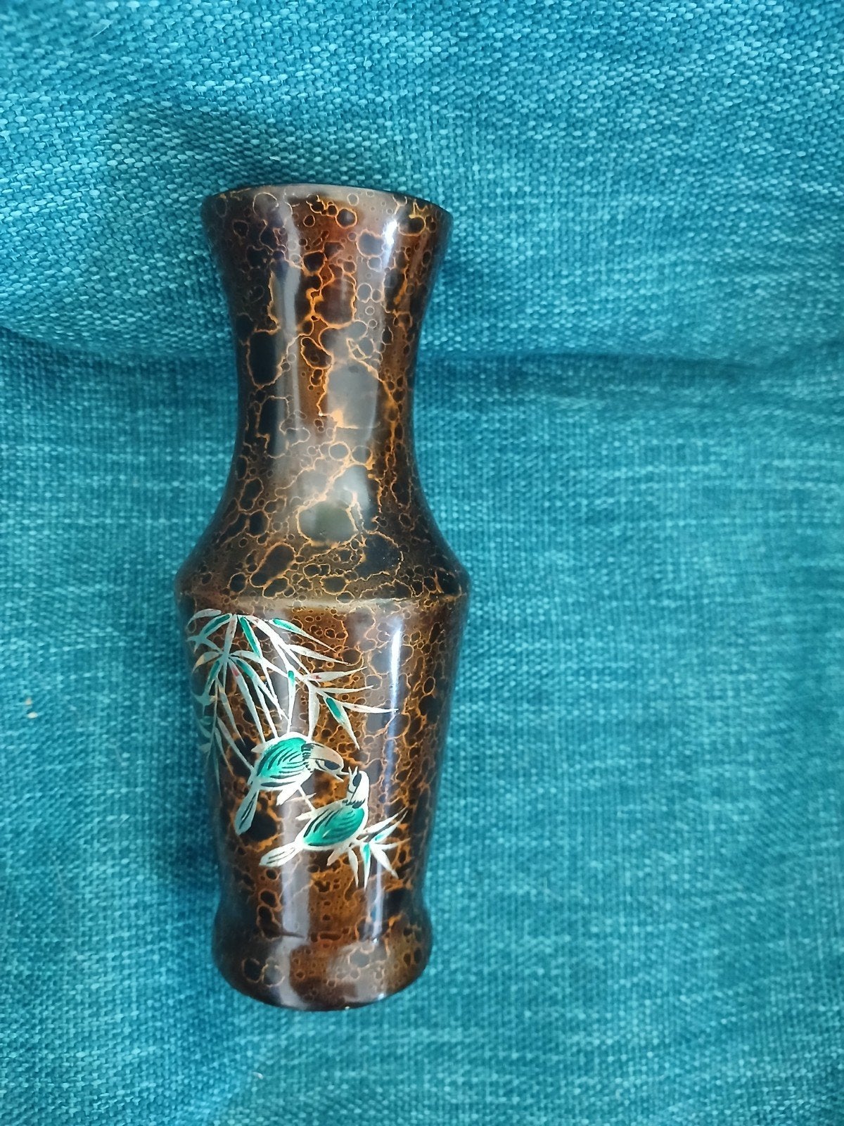 vase bois emaille decoration  oiseaux, Antiquités & Art, Enlèvement ou Envoi