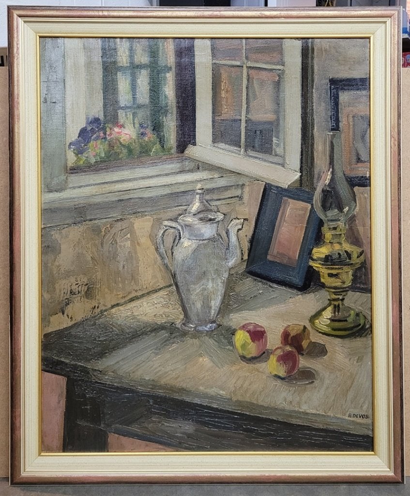 Adeline DE VOS, het open raam, Antiquités & Art, Enlèvement ou Envoi, Toile, Nature morte, Signé