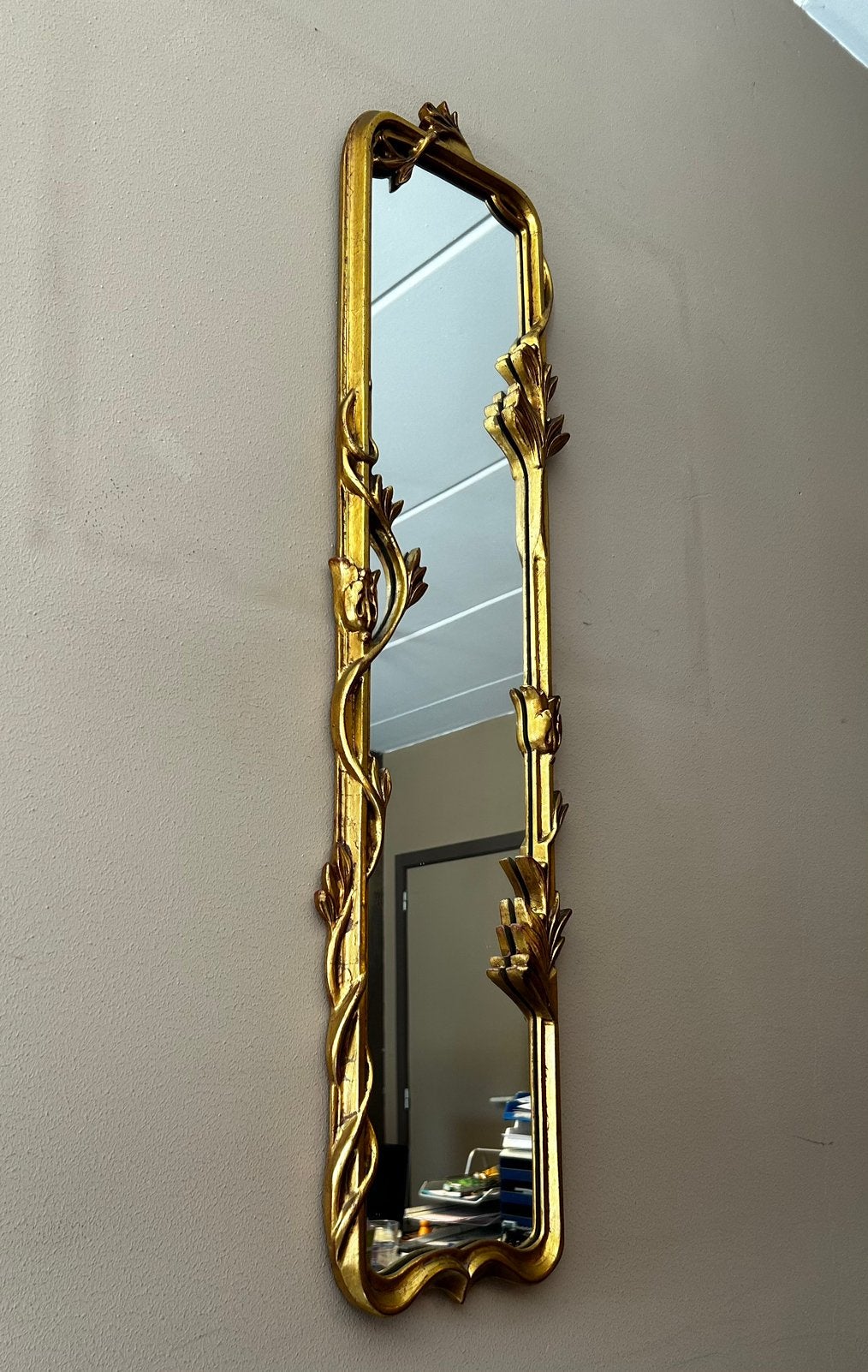 Sierlijke gouden spiegel – vintage / Art Nouveau stijl, Ophalen, Rechthoekig, Minder dan 50 cm, Minder dan 100 cm