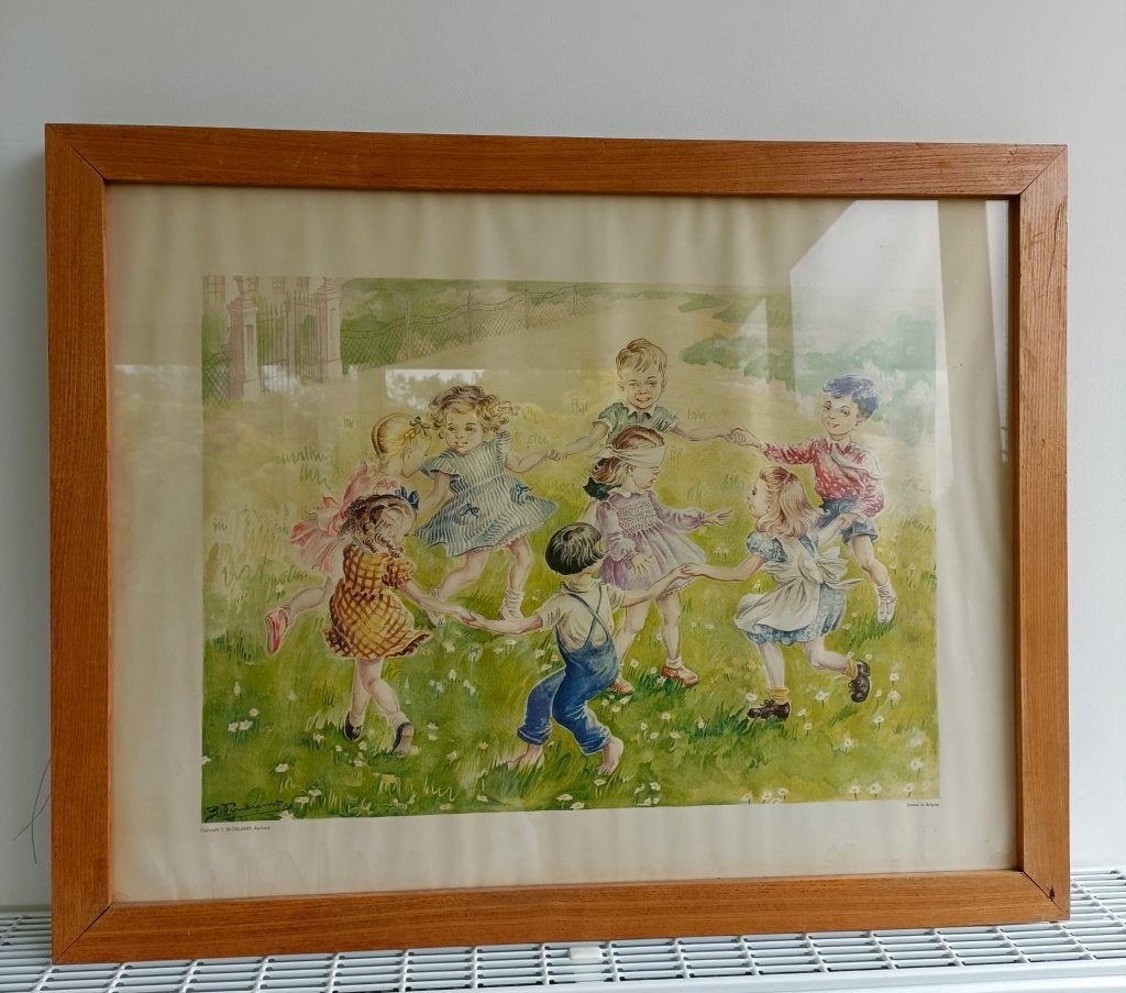 Vintage kinderprent, Antiquités & Art, Enlèvement, Autres types, Aquarelle, Sous verre