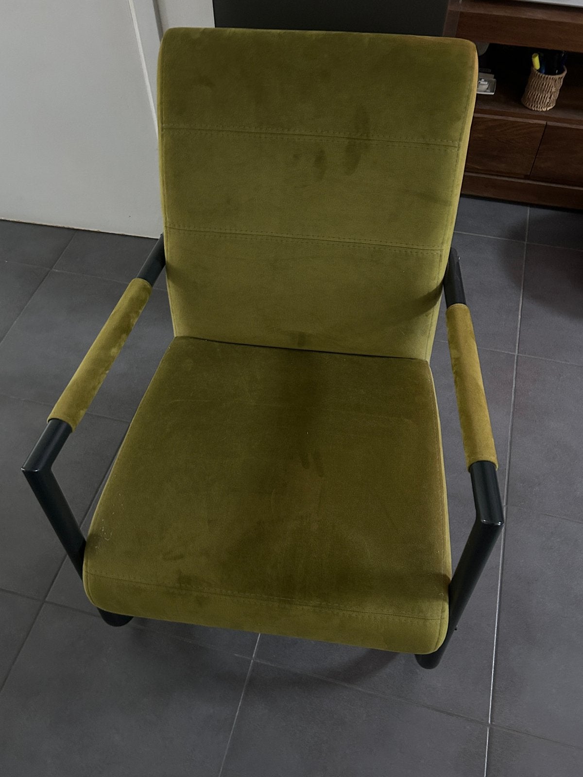 Henders & Hazel Angelica fauteuil – Olijfgroen velours, Ophalen, Zo goed als nieuw, Metaal