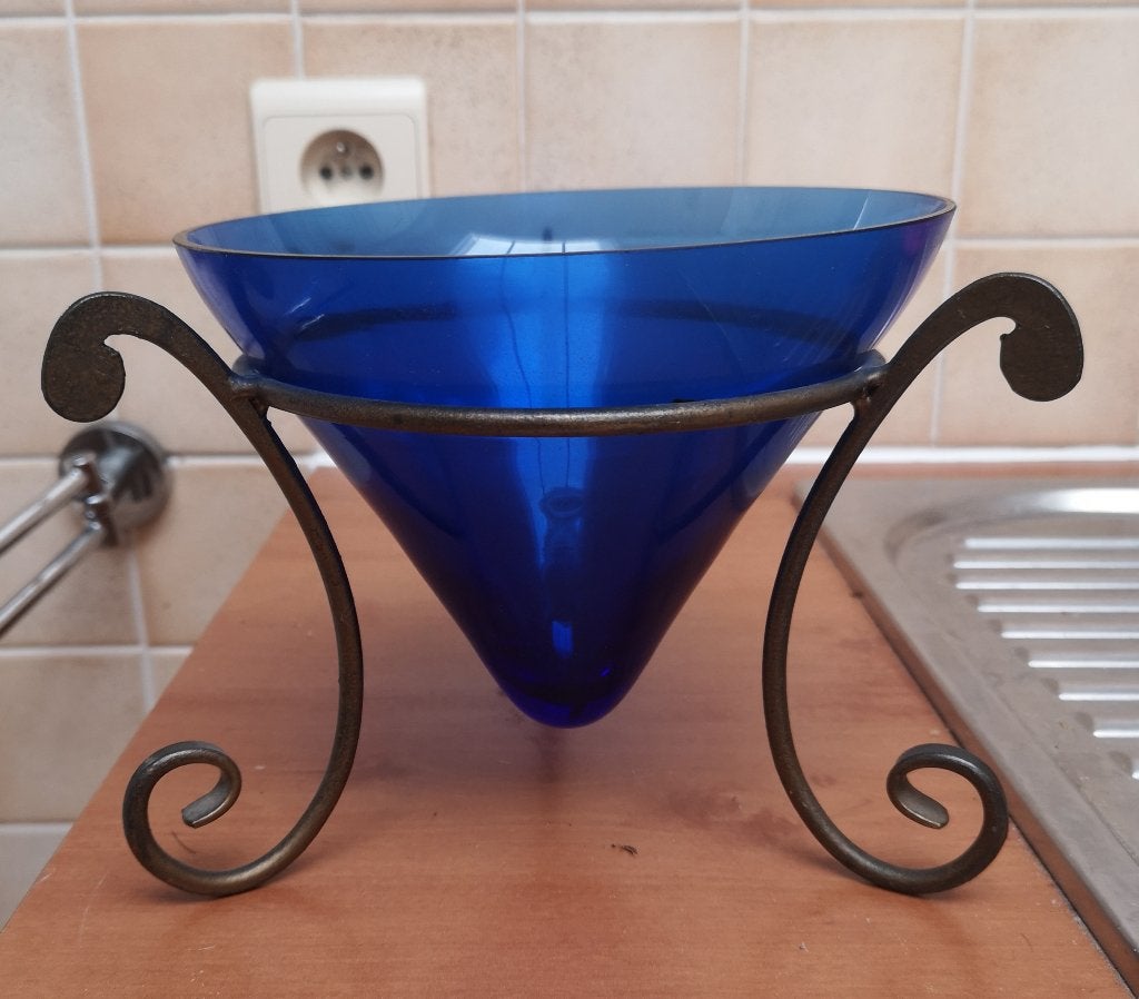 Blauw glazen pot in metalen onderstel, Ophalen of Verzenden, Blauw, Glas