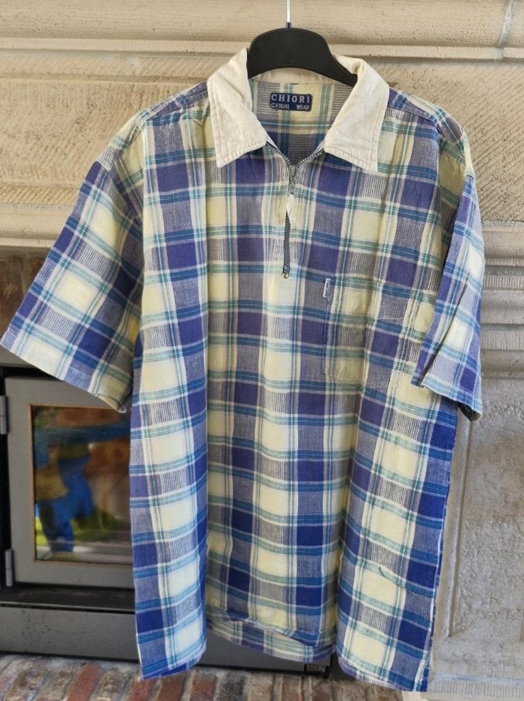 Chemise carreaux Chiori  homme jaune/bleu-L-manches courtes, Tour de cou 41/42 (L), Chiori, Porté, Bleu