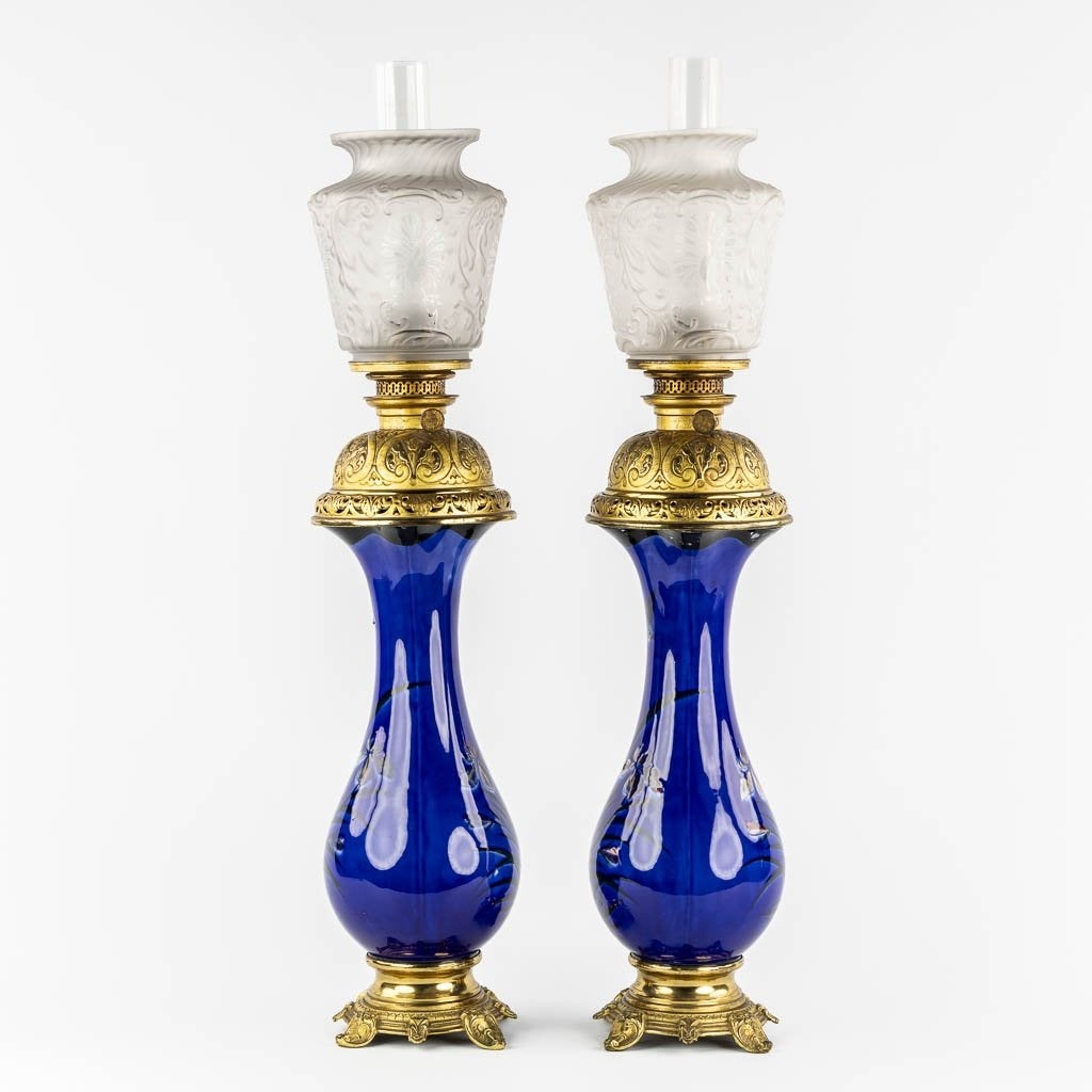 2 Grote Art Nouveau Belgische Antieke Olielampen 85cm, Ophalen of Verzenden