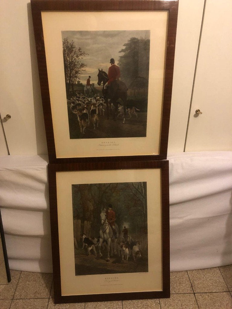 2 Jachtpanelen met ruiters -paarden en honden, Paneel, Ophalen of Verzenden, Landschap, Klassiek