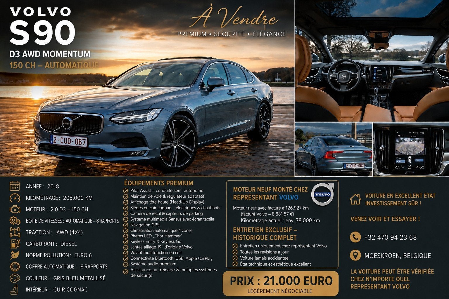 Volvo S90 2018 à vendre avec historique complet chez Volvo à, Auto's, Volvo, Automaat, Euro 6, Blauw, Leder