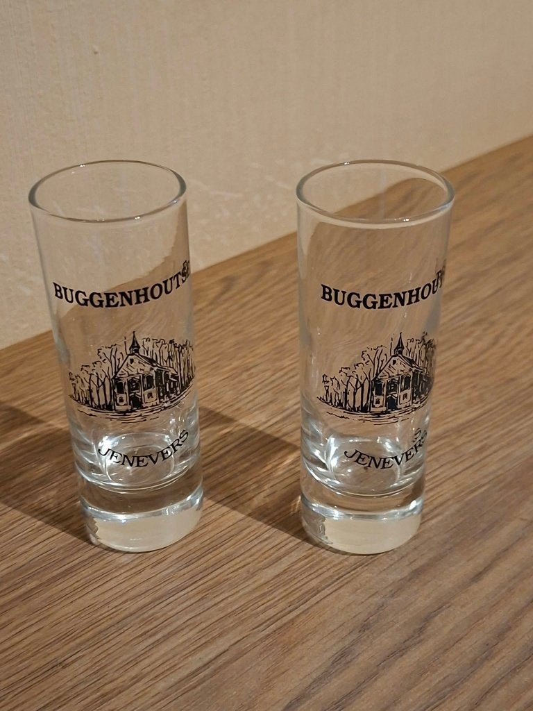 2 Borrelglazen : Buggenhoutse jenevers, Ophalen of Verzenden, Zo goed als nieuw, Borrel- of Shotglas