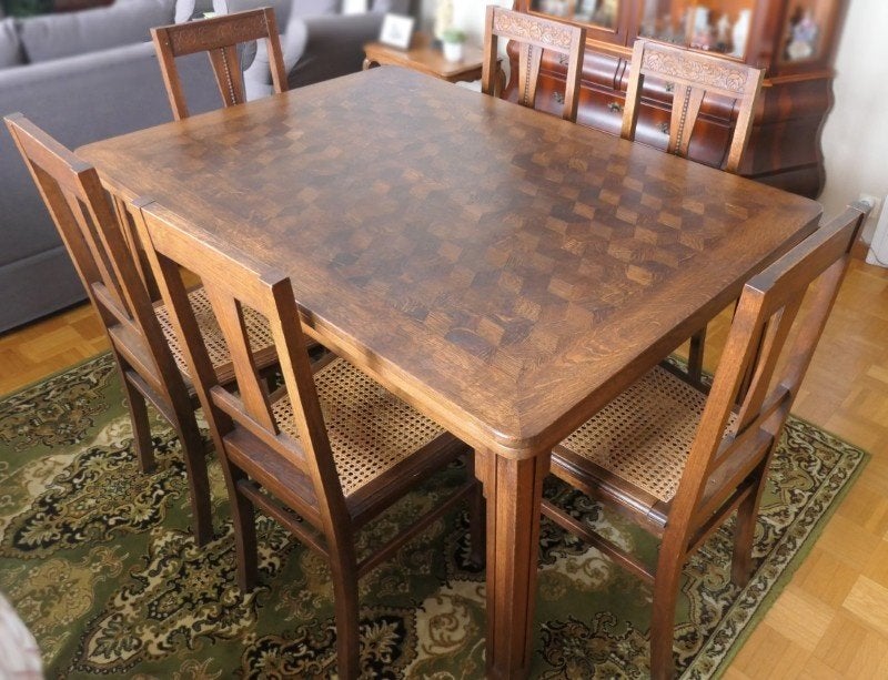 Eiken tafel uitschuifbaar (101x144/190/236cm) + 6 stoelen, Huis en Inrichting, Ophalen, Gebruikt, Eikenhout, Vijf personen of meer