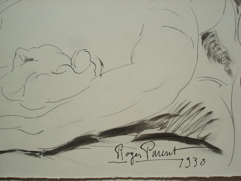 1935 Roger PARENT liggend vrouwelijk naakt inkt & lavis, Antiquités & Art, Art | Peinture | Moderne, Enlèvement ou Envoi