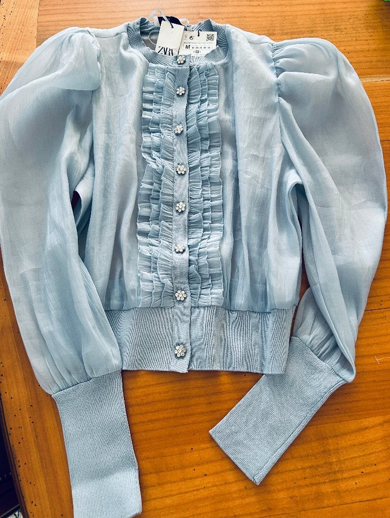 Elegante top - Organza met knopen: Maat M, Kleding | Dames, Topjes, Blauw, Zara, Nieuw, Lange mouw