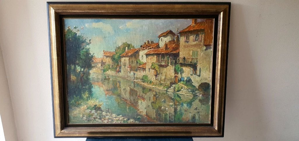 Georges Lemmers peinture à l'huile rivière Aurillac 100x73cm, Peinture à l'huile, Paysage, Signé, Enlèvement