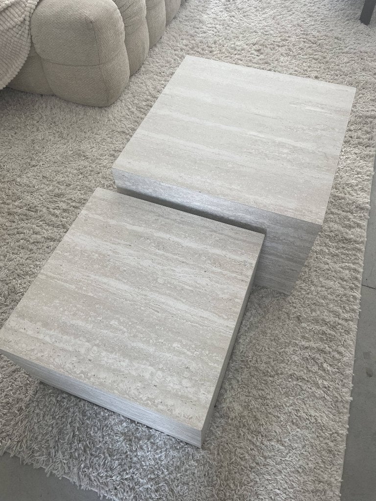 Salontafelset JYSK ROLSTED – travertijn/marmerlook – 2 stuks, Ophalen, 50 tot 100 cm, Vierkant, 50 tot 100 cm