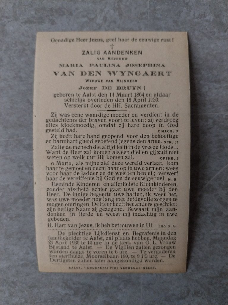 Carte de décès de Van Den Wyngaert De Bruyn, Collections, Images pieuses & Faire-part, Enlèvement ou Envoi, Carte de condoléances