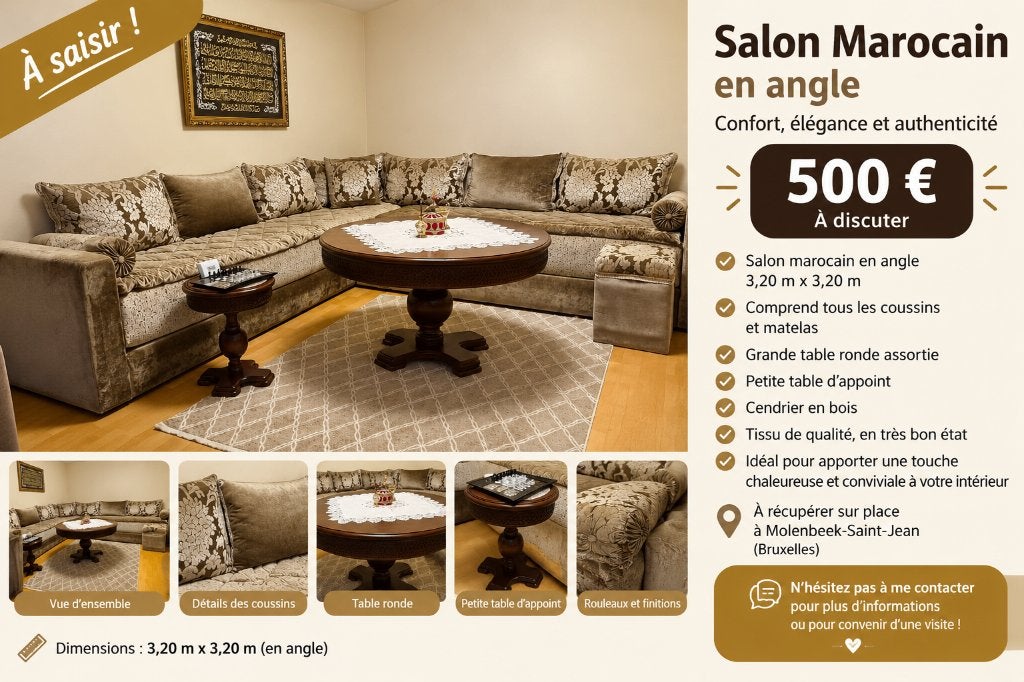 Salon marocain complet en angle 3,20 m x 3,20 m – 500 €, Enlèvement