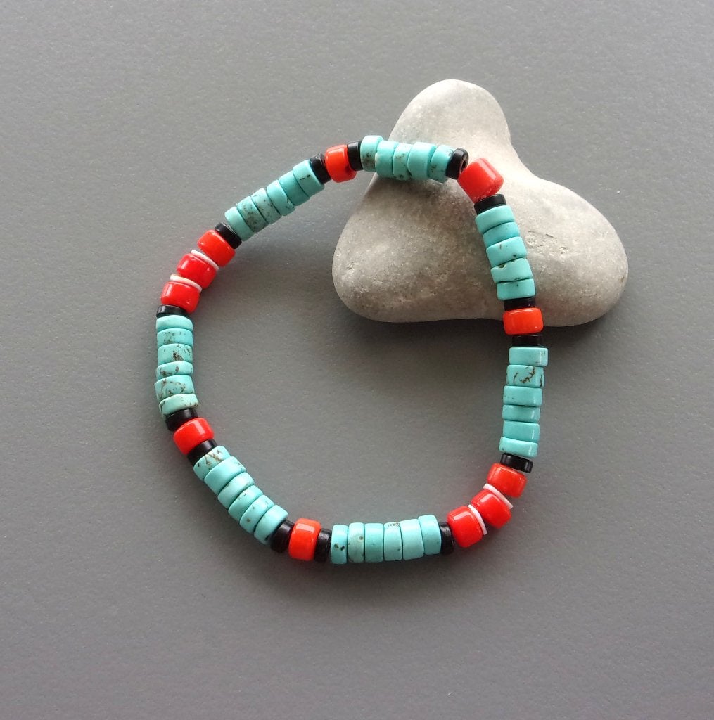 Indiaanse surferarmband met turquoise en koraal ringen, Met bedels of kralen, Blauw, Nieuw, Ophalen of Verzenden