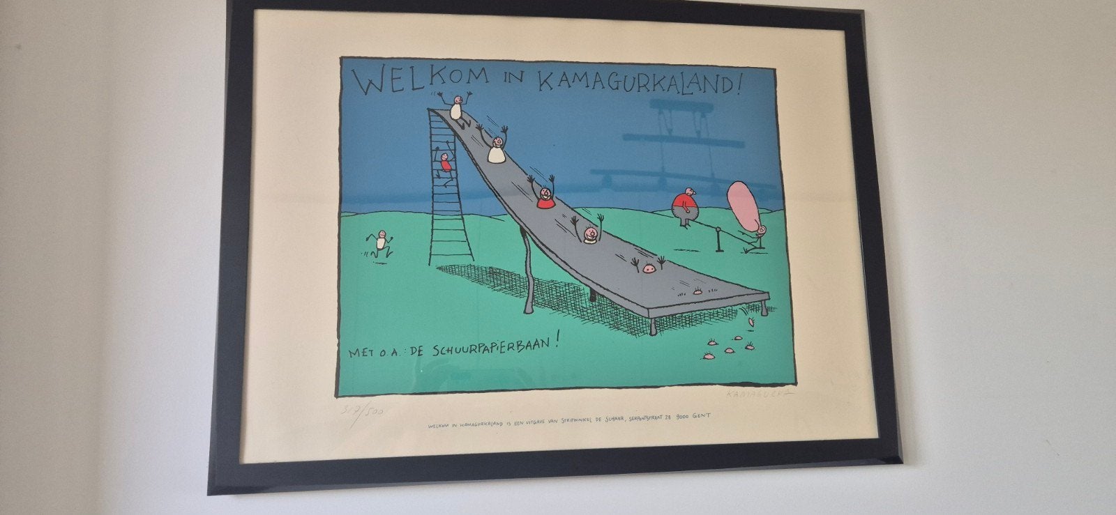 Gesigneerde litho Kamagurka ´welkom in kamagurkaland´, Antiek en Kunst, Ophalen