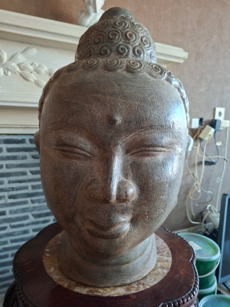 Beeld buddha hoofd, Ophalen, Zo goed als nieuw, Steen/keramiek, Bruin