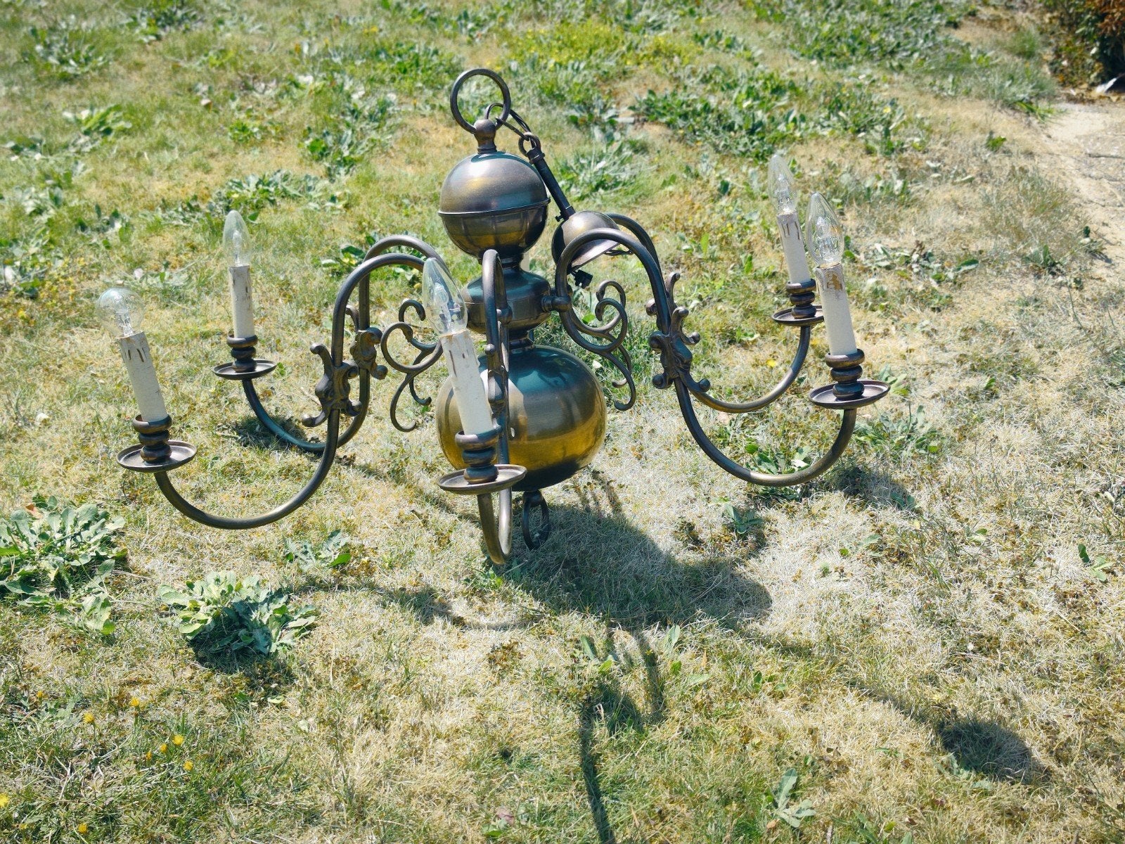 Bronzen 6-arms kroonluchter, Ophalen, Gebruikt, Metaal, E14 (klein)