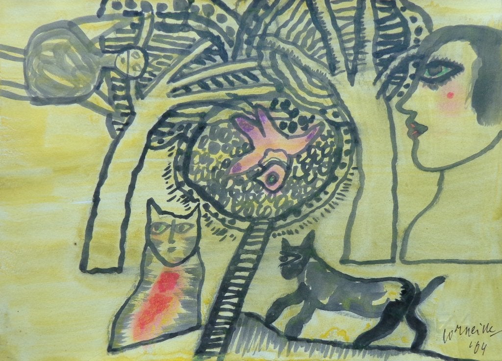 CORNEILLE / VROUW MET KATTEN / ORIGINEEL WERK / 24x33cm SIG, Antiquités & Art, Art | Peinture | Moderne, Figures, Papier/carton