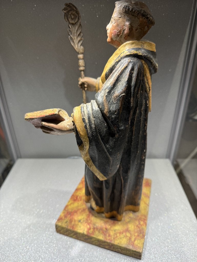 Antiek Beeld Sint Benedictus Hout Polychroom 32 cm, Antiek en Kunst, Ophalen of Verzenden