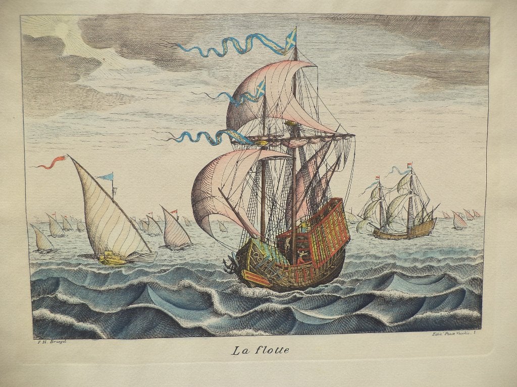 La Flotte grote gravure marine zeeslag schepen naar Breugel, Antiek en Kunst, Ophalen of Verzenden, Gravure