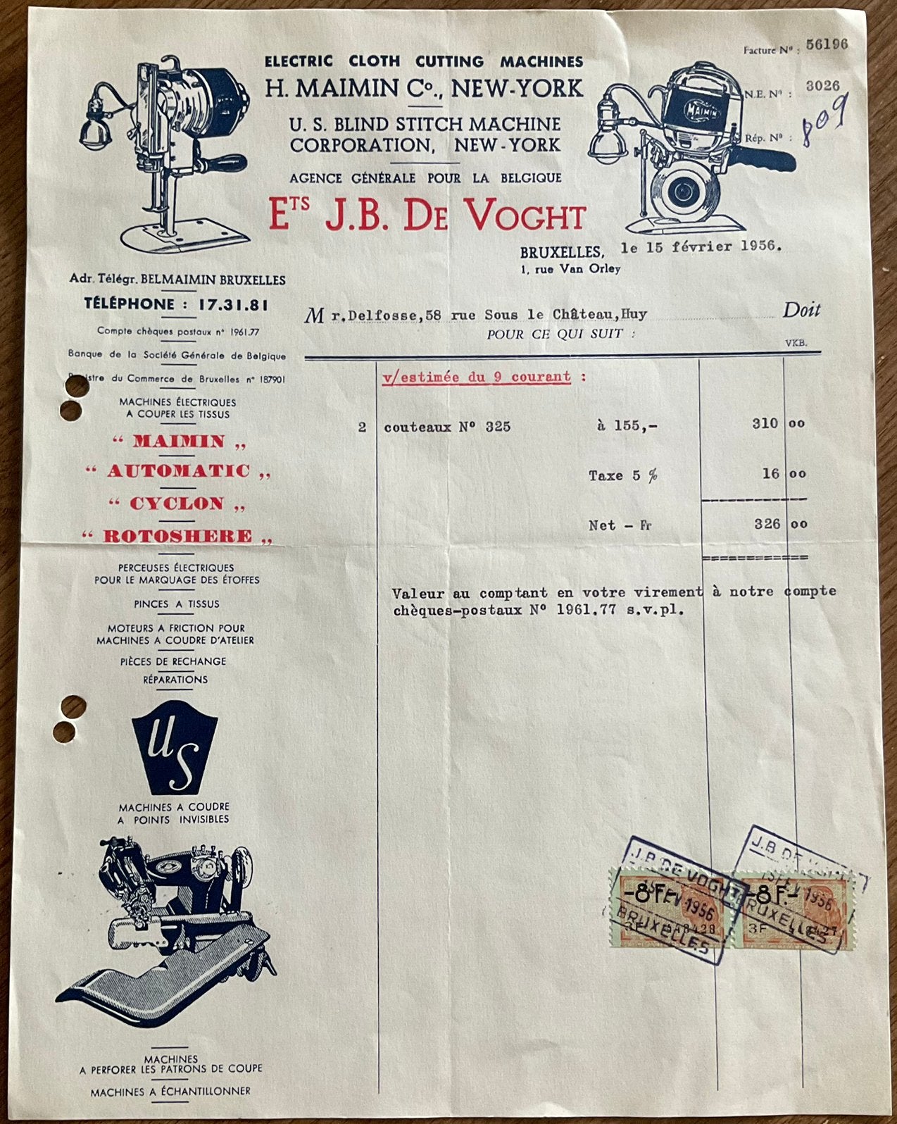 Ets J.B.DE VOGHT/Bruxelles/1958/Facture, Enlèvement ou Envoi, Comme neuf, Autres types