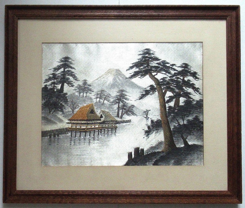 Art populaire japonais broderie sur soie, paysage, années 50, Enlèvement ou Envoi, Décoration murale, Encadré, Autres matériaux