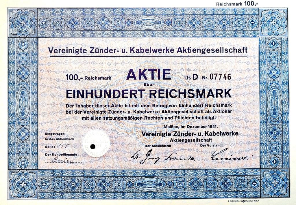 WO2 aandeel Vereinigte Zünder- und Kabelwerke AG 1941, Postzegels en Munten, Aandelen en Waardepapieren, Ophalen of Verzenden