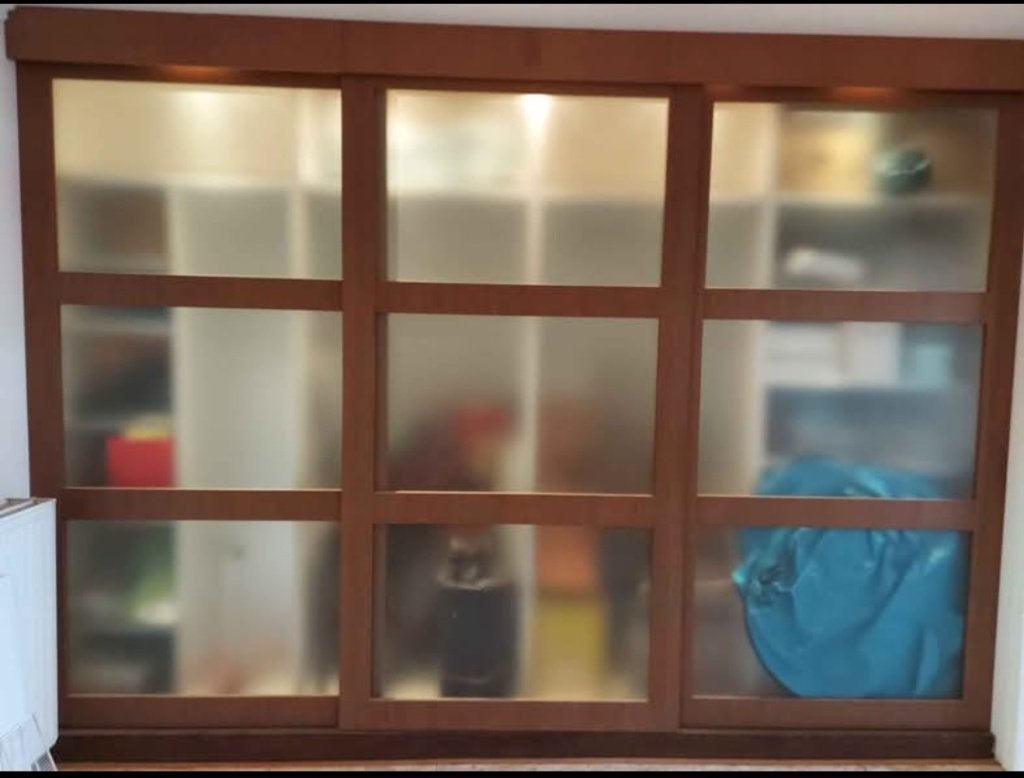 3 grote schuifdeuren in hout en glas, Doe-het-zelf en Bouw, Ophalen, Gebruikt, Binnendeur, Schuifdeur