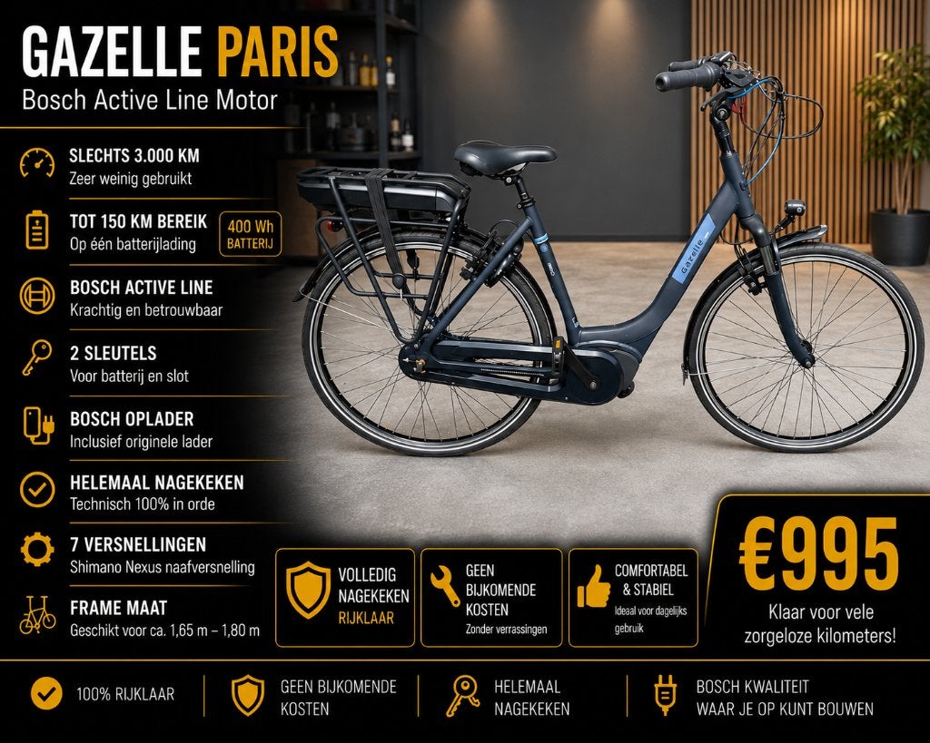Gazelle Paris 2021 Bosch Active Line - Slechts 3.000 km, 51 à 55 cm, 50 km par batterie ou plus, Comme neuf, Enlèvement