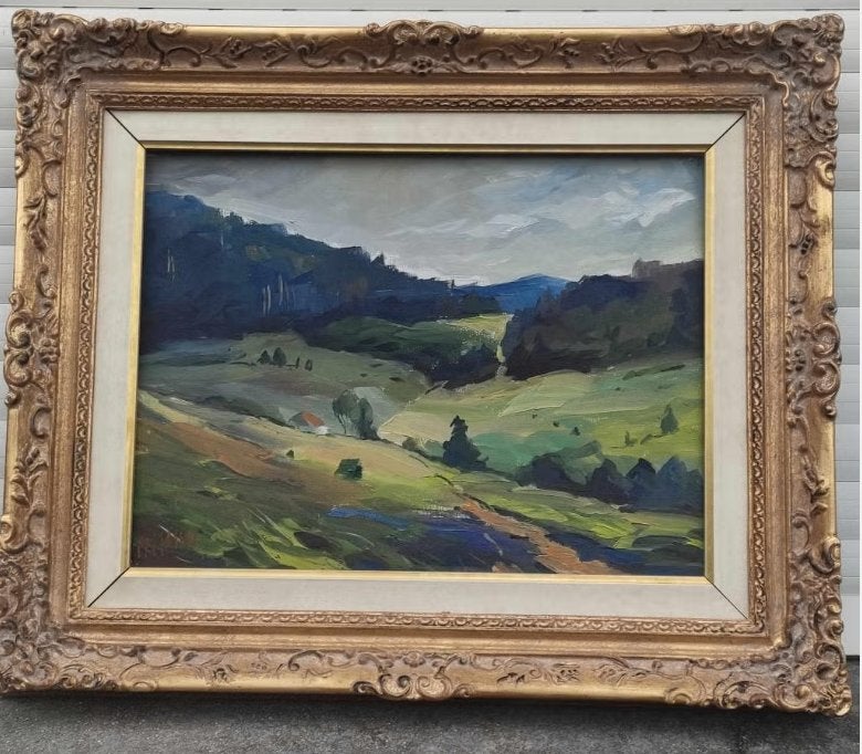 huile sur toile paysage ardenais signe monique massin, Ophalen of Verzenden, Landschap, Doek