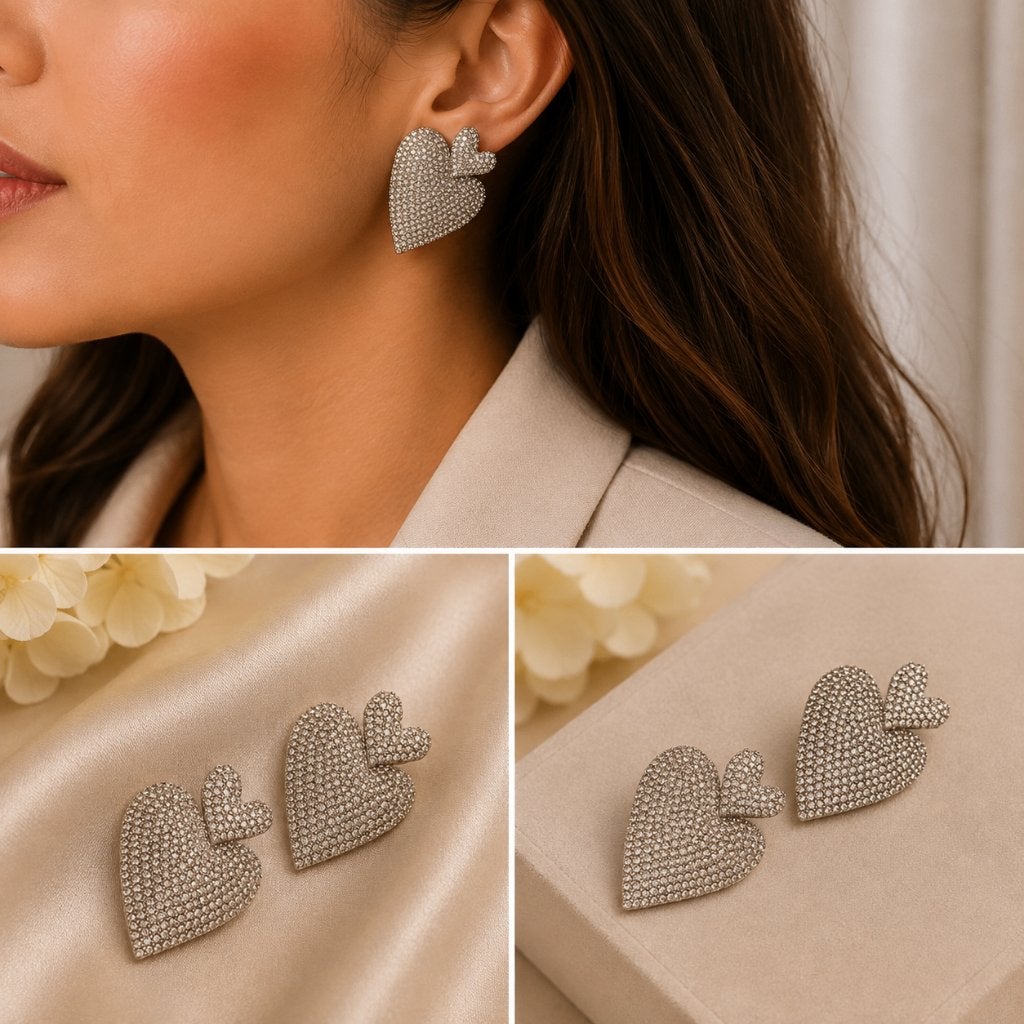 Grandes boucles d'oreilles argentées en forme de cœur, Bijoux, Sacs & Beauté, Boucles d'oreilles, Avec pierre précieuse, Argent