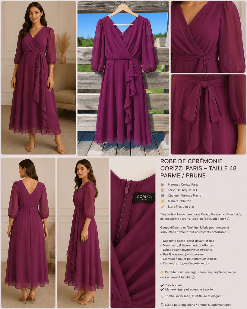 Robe cérémonie parme/prune chiffon Corizzi ParisT48 (XL), Taille 46/48 (XL) ou plus grande, Enlèvement ou Envoi, Comme neuf, Corizzi Paris