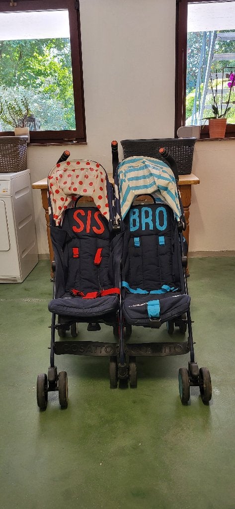Dubbele buggy compleet met voetenzakken en regenhoes., Kinderen en Baby's, Buggy's, Ophalen, Gebruikt, Overige merken, Duomodel