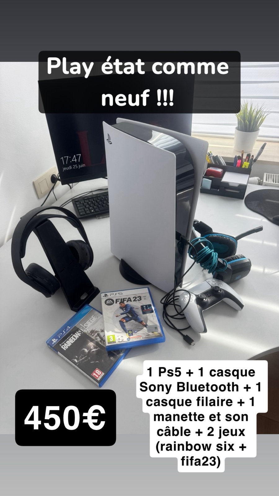 Ps5/manette/2jeux/2casques(sony blueotooth + casque filaire), Enlèvement, Comme neuf