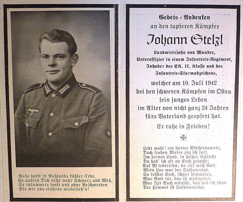 Duits bidprentje voor Johann Stelzl uit Wunder., Collections, Objets militaires | Général, Enlèvement ou Envoi