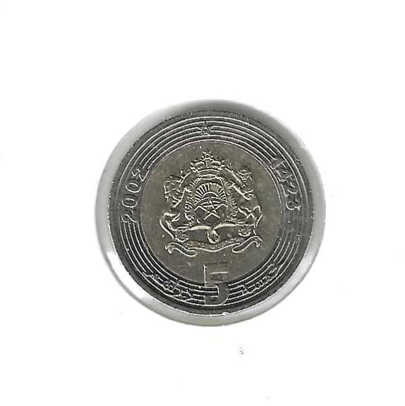 Marokko, 5 Dirhams AH1423(2002)., Ophalen of Verzenden, Overige landen, Losse munt
