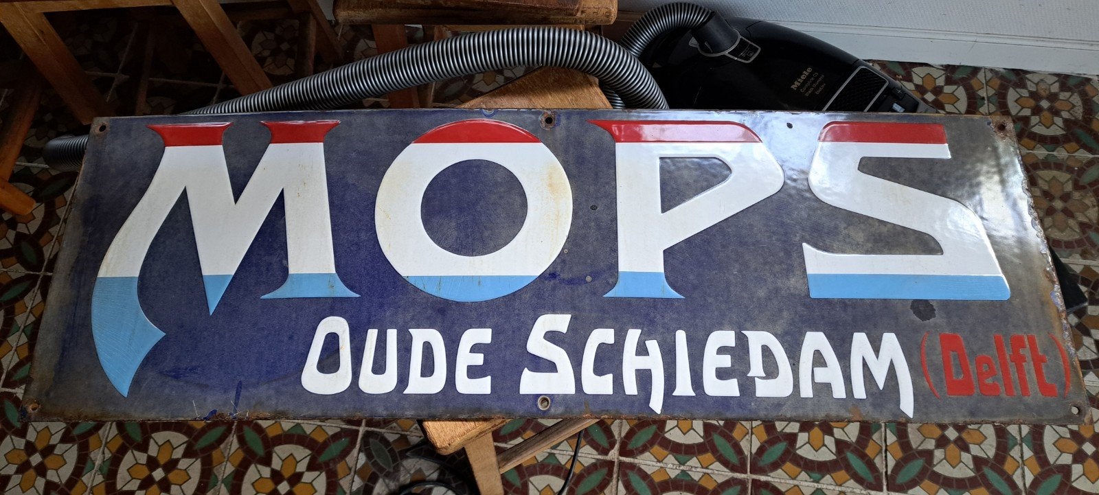 emaille Mops oude schiedam jenever, Verzamelen, Ophalen, Reclamebord