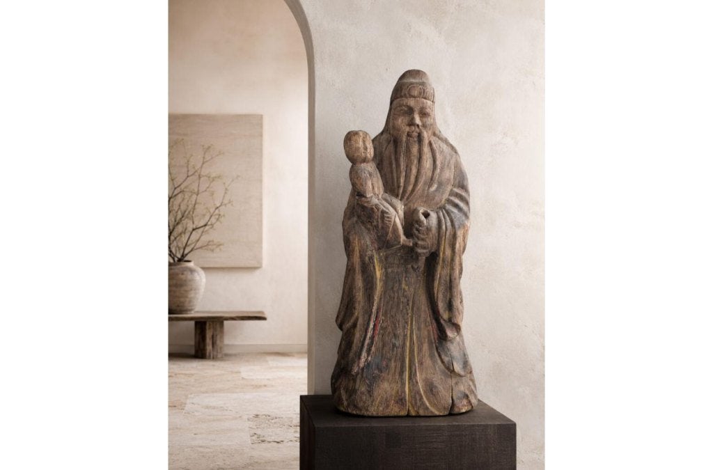 Grote antieke Chinese houten sculptuur met kind, Antiek en Kunst, Ophalen, Hout, Beeld, Geel
