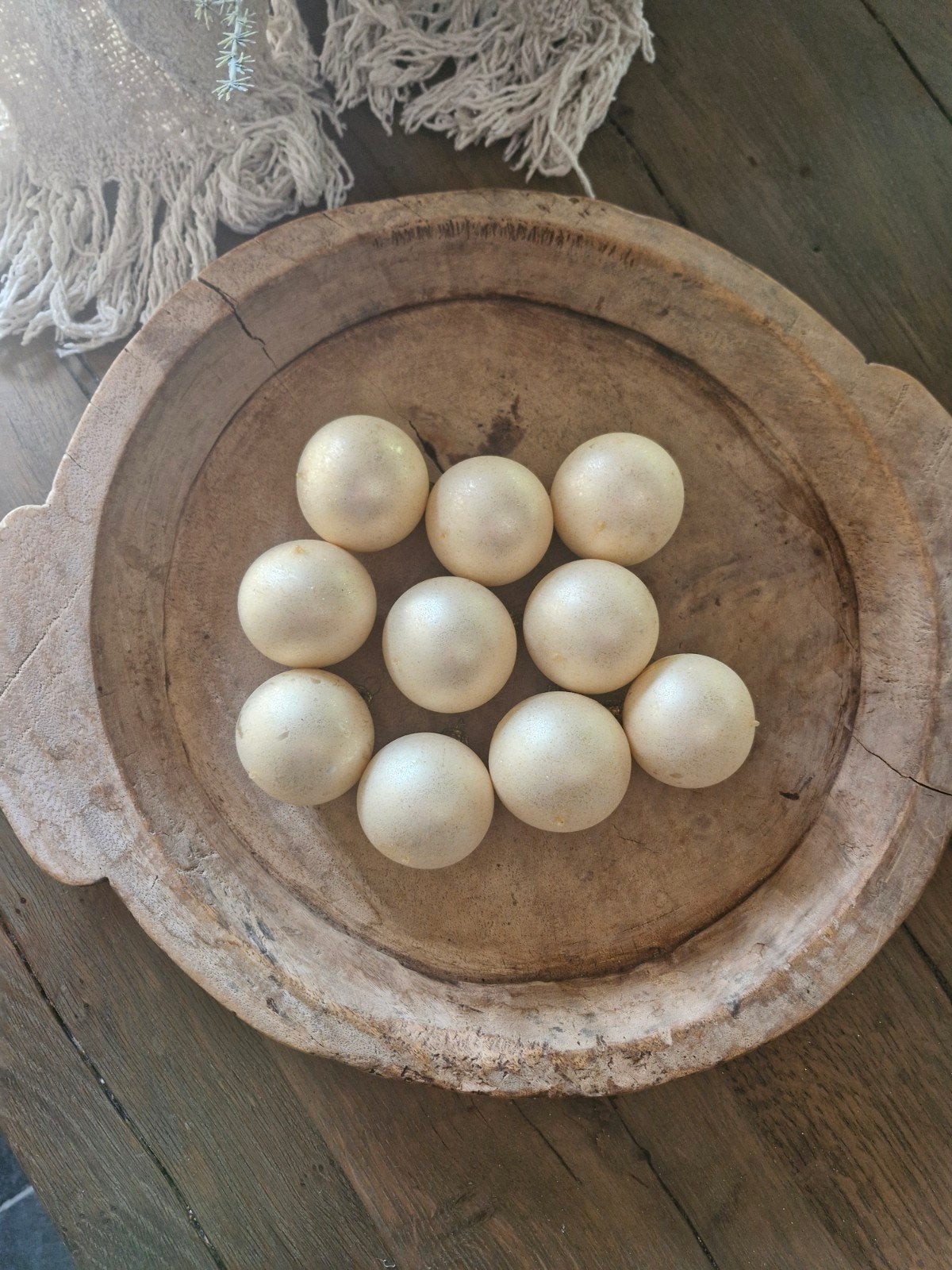 10 glazen kerstballen ivoor champagne – frosted met goudkleu, Ophalen