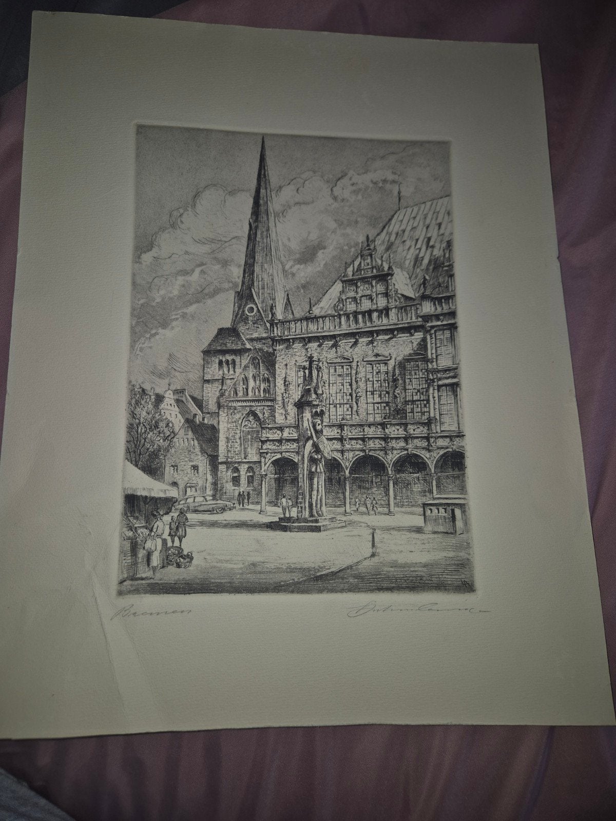 dessin original à l'eau-forte « Hôtel de ville de Brême », Antiquités & Art, Art | Dessins & Photographie, Enlèvement ou Envoi