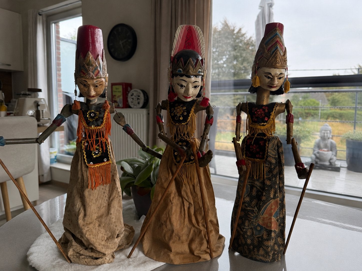 Trio Indonesische Wayang Golek-poppen, Enlèvement, Utilisé, Bois